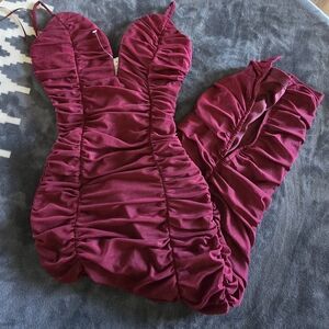 Ruched Spaghetti Strap Bodycon Dress in Deep Berry